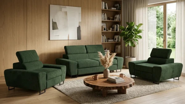 Zestaw wypoczynkowy sofa kanapa 2 fotele zielony sztruks Savio Family Meble — komfort
