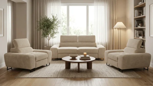 Zestaw wypoczynkowy sofa kanapa 2 fotele beż sztruks Savio Family Meble — komfort