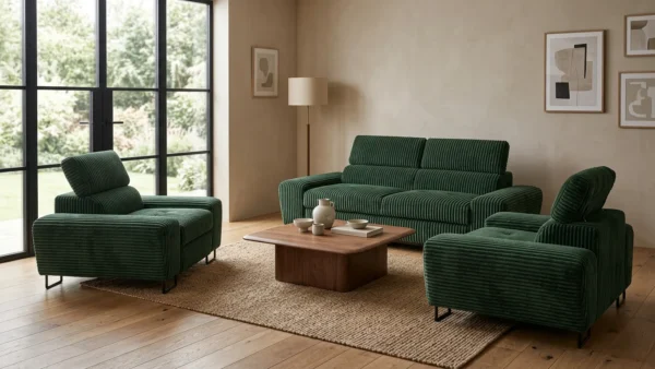 Zestaw wypoczynkowy sofa kanapa 2 fotele zielony sztruks Savio Family Meble — komfort