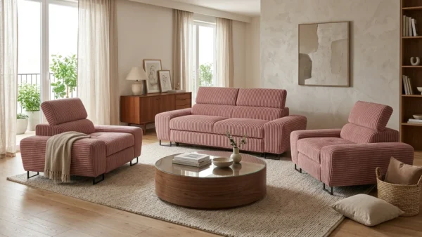 Zestaw wypoczynkowy sofa kanapa 2 fotele róż sztruks Savio Family Meble — komfort