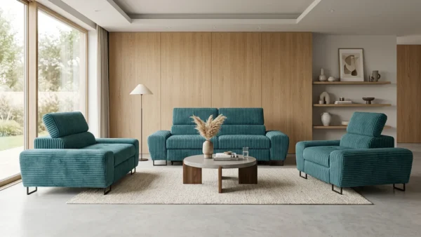 Zestaw wypoczynkowy sofa kanapa fotele niebieski sztruks Savio Family Meble — komfort