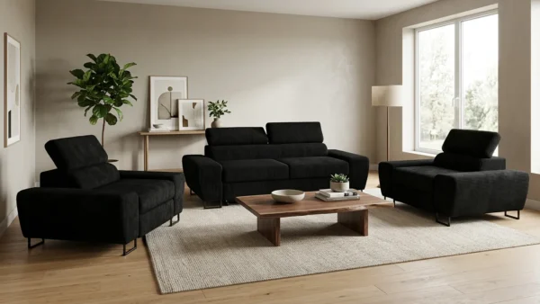 Zestaw wypoczynkowy sofa kanapa fotele czarny sztruks wygodny Savio Family — komfort