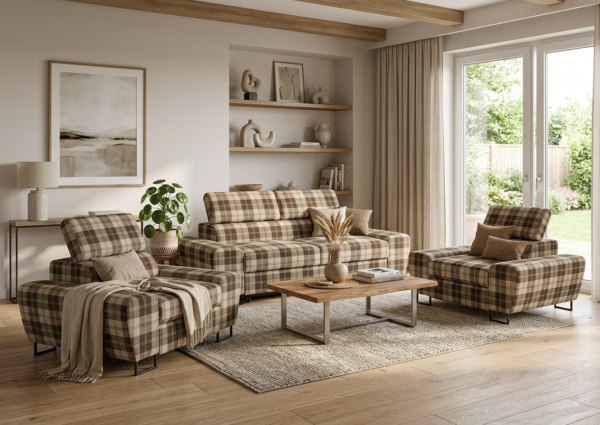 Zestaw wypoczynkowy sofa kanapa 2 fotele beż kratka Savio Family Meble — komfort