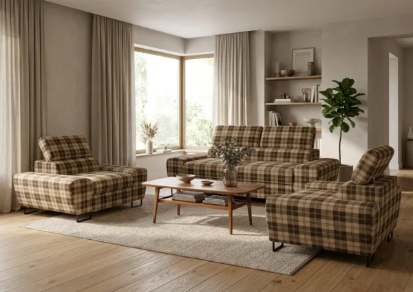 Zestaw wypoczynkowy sofa kanapa 2 fotele brąz kratka Savio Family Meble — komfort