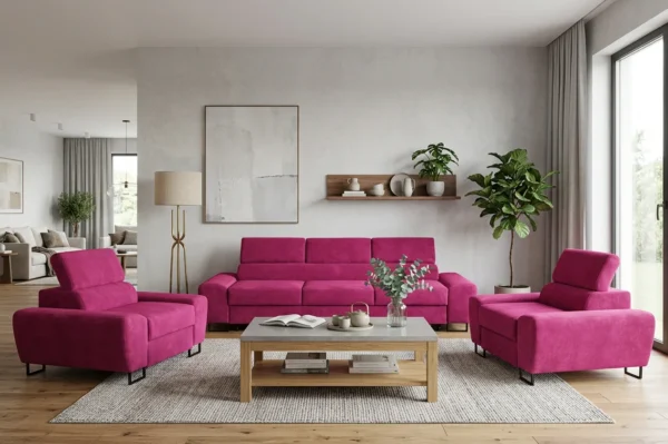 Zestaw wypoczynkowy sofa 3 kanapa fotele różowy fuksja wygodna Savio Family — komfort