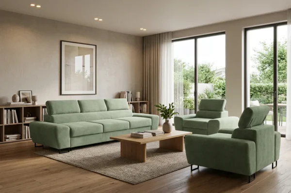 Zestaw wypoczynkowy sofa 3 kanapa fotele miętowy welur Savio Family Meble — komfort
