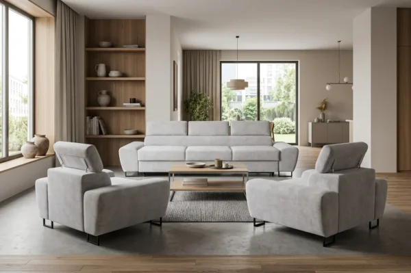 Zestaw wypoczynkowy sofa 3 kanapa fotele szary welur Savio Family Meble — komfort