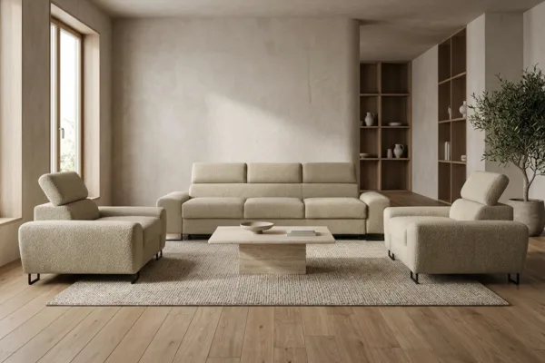 Zestaw wypoczynkowy sofa 3 kanapa fotele beżowy boucla welur Savio Family — komfort