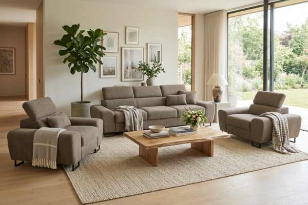 Zestaw wypoczynkowy sofa 3 kanapa fotele brąz boucla Savio Family Meble — komfort