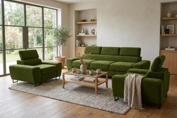 Zestaw wypoczynkowy sofa 3 kanapa fotele jasno zielony khaki Savio Family — komfort