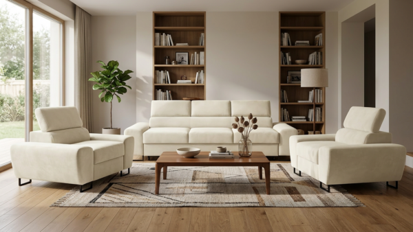 Zestaw wypoczynkowy sofa 3 kanapa fotele kremowy welur Savio Family Meble — komfort