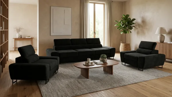 Zestaw wypoczynkowy sofa 3 kanapa fotele czarny welur wygodny Savio Family — komfort