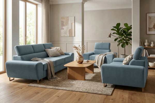Zestaw wypoczynkowy sofa 3 kanapa fotele błękitny welur Savio Family Meble — komfort