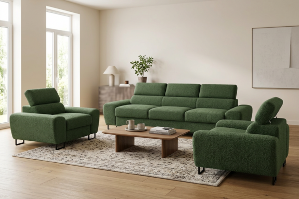 Zestaw wypoczynkowy sofa 3 kanapa fotele zielony boucla Savio Family Meble — komfort