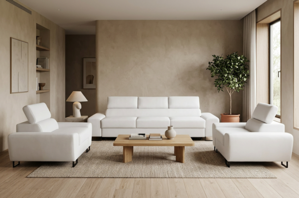 Zestaw wypoczynkowy sofa 3 kanapa fotele biały ekoskóra Savio Family Meble — komfort