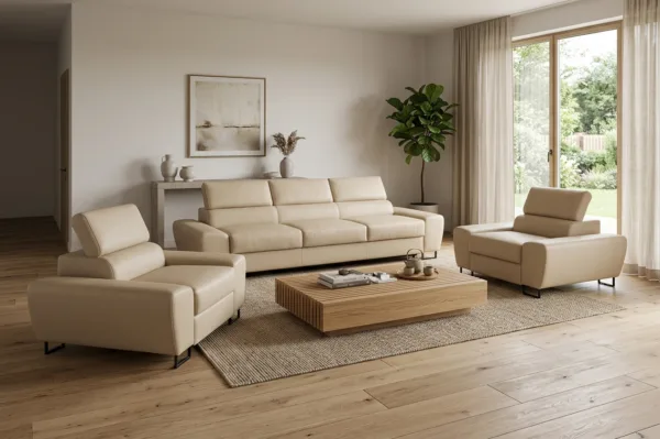 Zestaw wypoczynkowy sofa 3 kanapa fotele beżowy ekoskóra Savio Family Meble — komfort