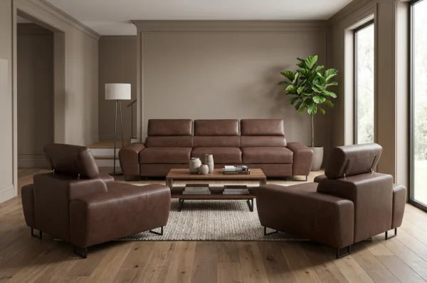 Zestaw wypoczynkowy sofa 3 kanapa fotele brąz ekoskóra Savio Family Meble — komfort