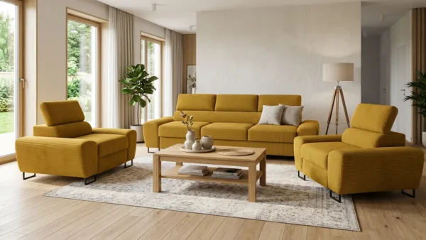 Zestaw wypoczynkowy sofa 3 kanapa fotele musztardowy sztruks Savio Family — komfort