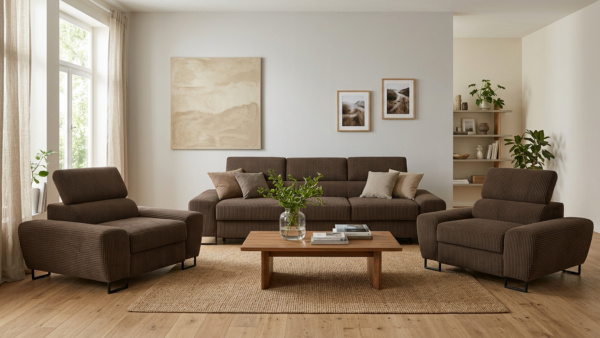 Zestaw wypoczynkowy sofa 3 kanapa fotele brązowy sztruks Savio Family Meble — komfort