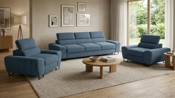 Zestaw wypoczynkowy sofa 3 kanapa fotele granatowy sztruks Savio Family Meb — komfort