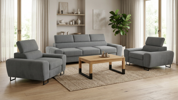 Zestaw wypoczynkowy sofa 3 kanapa fotele szary sztruks Savio Family Meble — komfort