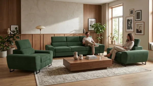Zestaw wypoczynkowy sofa 3 kanapa fotele zielony sztruks Savio Family Meble — komfort
