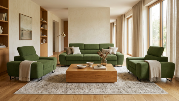Zestaw wypoczynkowy sofa 3 kanapa fotele zielony khaki sztruks Savio Family — komfort