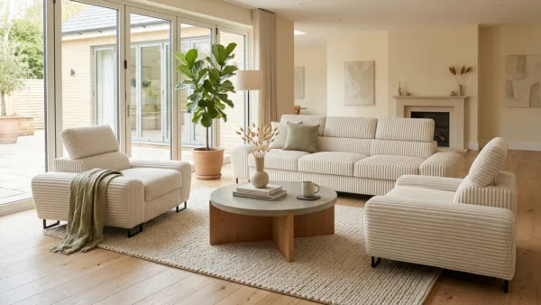 Zestaw wypoczynkowy sofa 3 kanapa fotele beż sztruks Savio Family Meble — komfort