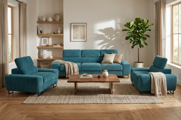 Zestaw wypoczynkowy sofa 3 kanapa fotele niebieski sztruks Savio Family Meb — komfort