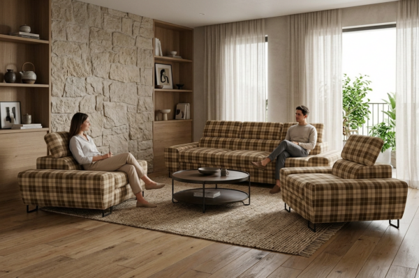 Zestaw wypoczynkowy sofa 3 kanapa fotele brąz kratka szkocka Savio Family — komfort