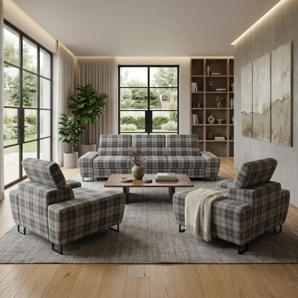 Zestaw wypoczynkowy sofa 3 kanapa fotele szary kratka Savio Family Meble — komfort