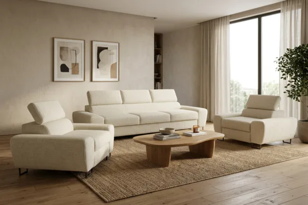 Zestaw wypoczynkowy sofa 3 kanapa fotele beż welur szenil Savio Family Meb — komfort