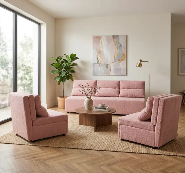 Zestaw wypoczynkowy sofa 3 kanapa fotele różowy welur wygodny salonu KIMO — komfort