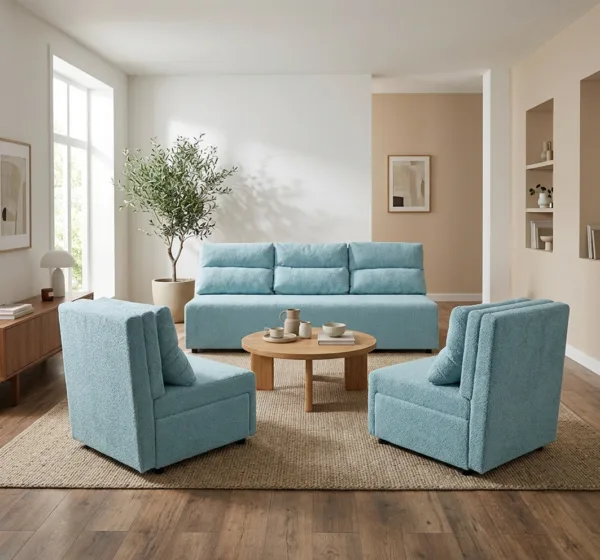 Zestaw wypoczynkowy sofa 3 kanapa fotele błękitny welur KIMO Family Meble — komfort