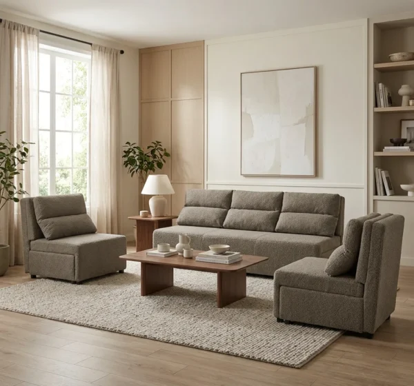 Zestaw wypoczynkowy sofa 3 kanapa fotele brąz boucla KIMO FAMILY MEBLE — komfort