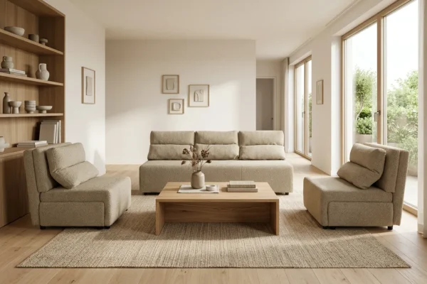Zestaw wypoczynkowy sofa 3 kanapa fotele beż welur boucla KIMO Family Meble — komfort