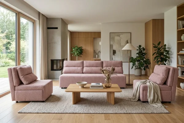 Zestaw wypoczynkowy sofa 3 kanapa fotele pudrowy róż welur Kimo Family — komfort