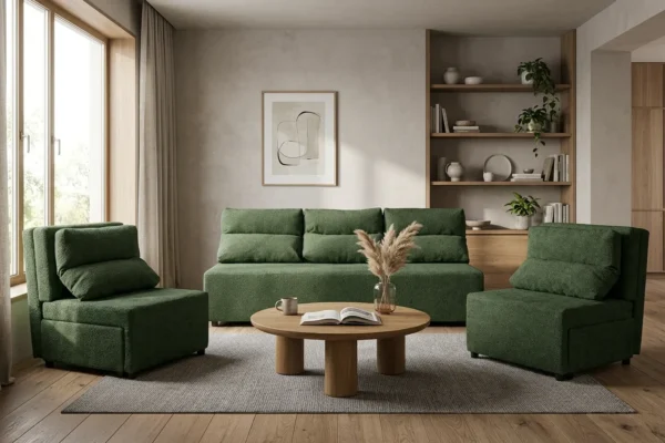 Zestaw wypoczynkowy sofa 3 kanapa fotele zielony salonu boucla Kimo Family — komfort
