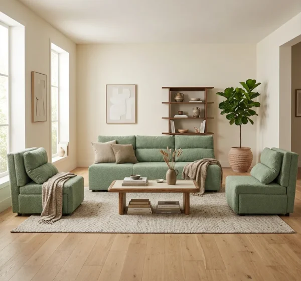 Zestaw wypoczynkowy sofa 3 kanapa fotele miętowy boucla KIMO Family Meble — komfort