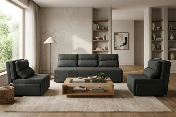 Zestaw wypoczynkowy sofa 3 kanapa fotele czarny szary KIMO Family Meble — komfort