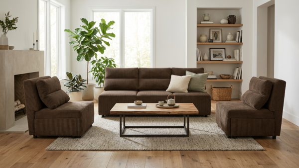 Zestaw wypoczynkowy sofa kanapa fotele brązowy sztruks wygodna KIMO Family — komfort