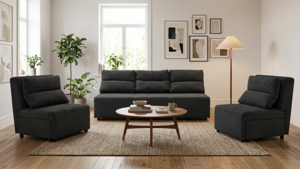 Zestaw wypoczynkowy sofa 3 kanapa fotele czarny sztruks Kimo Family Meble — komfort
