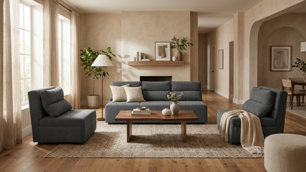 Zestaw wypoczynkowy sofa 3 kanapa fotele szary sztruks Kimo Family Meble — komfort