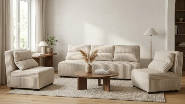 Zestaw wypoczynkowy sofa 3 kanapa fotele beż welur KIMO Family Meble — komfort