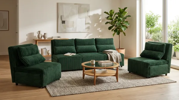 Zestaw wypoczynkowy sofa 3 kanapa fotele zielony sztruks Kimo Family Meble — komfort