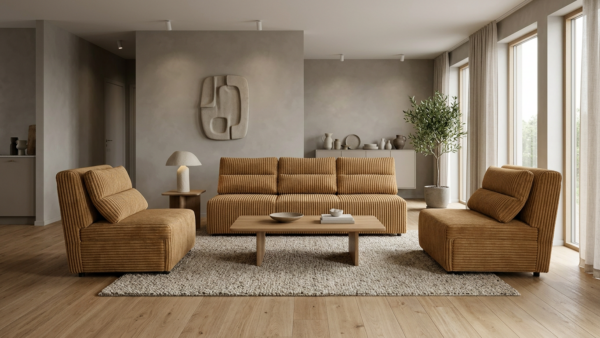 Zestaw wypoczynkowy sofa 3 kanapa fotele rudy sztruks wygodny Kimo Family — komfort