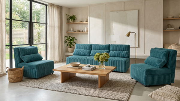 Zestaw wypoczynkowy sofa kanapa fotele niebieski sztruks KIMO Family Meble — komfort
