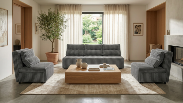 Zestaw wypoczynkowy sofa kanapa fotele szary antracyt sztruks wygodny Kimo — komfort