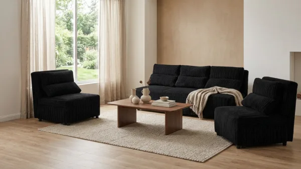 Zestaw wypoczynkowy sofa 3 kanapa fotele czarny sztruks Kimo Family Meble — komfort
