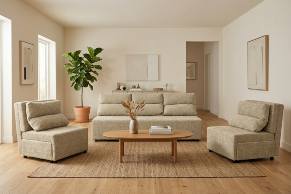 Zestaw wypoczynkowy sofa 3 kanapa fotele beżowy szenil Kimo Family Meble — komfort